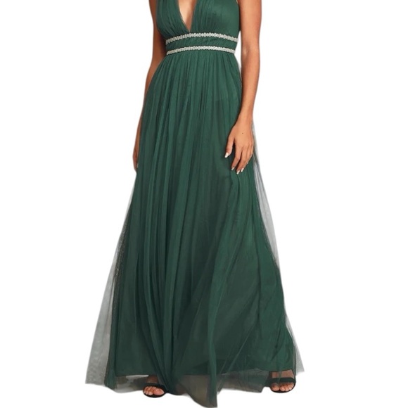 Lulus New Delightful Occasion Emerald Green Beaded Tulle Maxi Dress Gown Fall - Picture 2 of 14